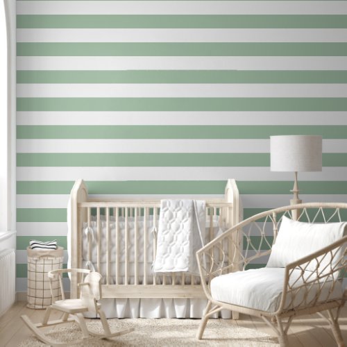 Sage Green and White Wide Horizontal Stripes Wallpaper