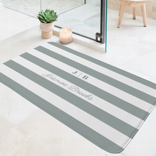 Sage Green And White Wide Stripes Monogram Name Bath Mat