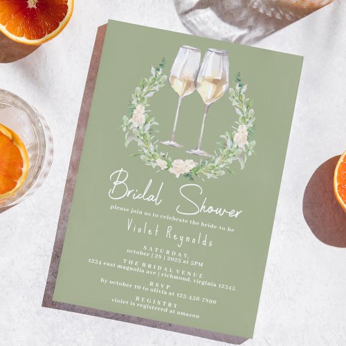 Sage Green and White Wine  Cute Bridal Shower Invitation