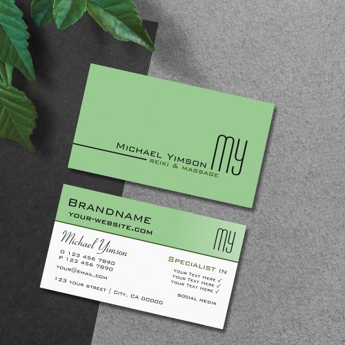 Sage Green and White with Initials Professional Business Card