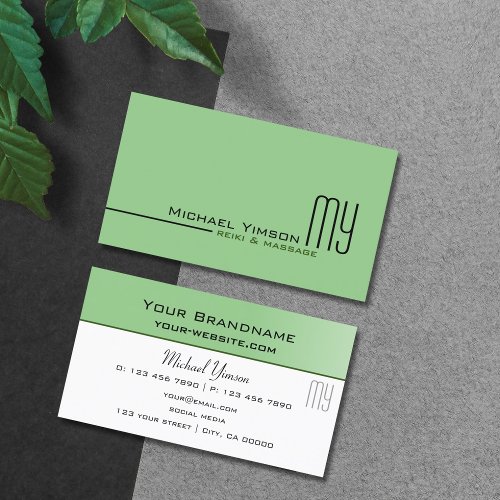 Sage Green and White with Monogram Professional Business Card