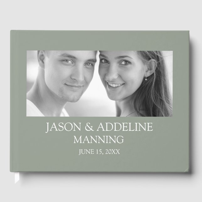 Sage Green Any Photo Black White Wedding Guest Book (Front)