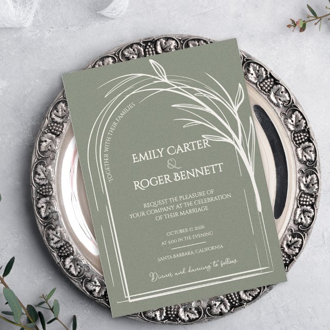 Sage Green Arch Botanical Wedding Invitation (Sage Green Minimalist Arch Botanical Wedding Invitation Flat Card | Modern Elegant Wedding Invite)