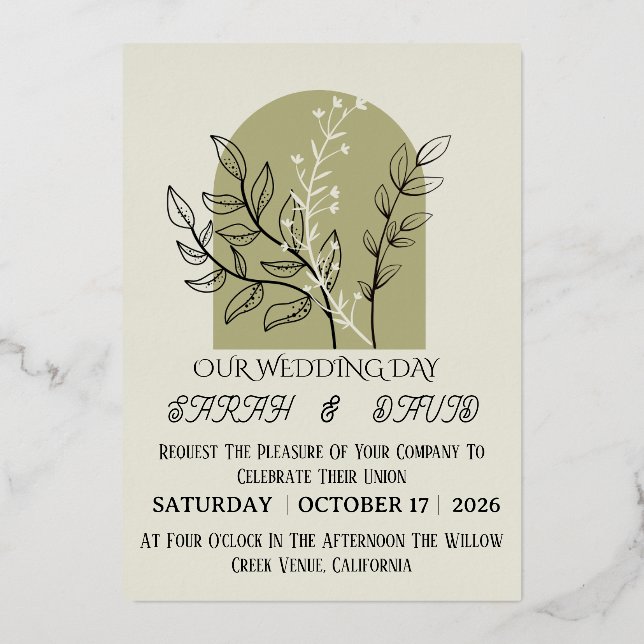 Sage Green Arch Botanical Wedding Invitation   Foil Invitation (Front)