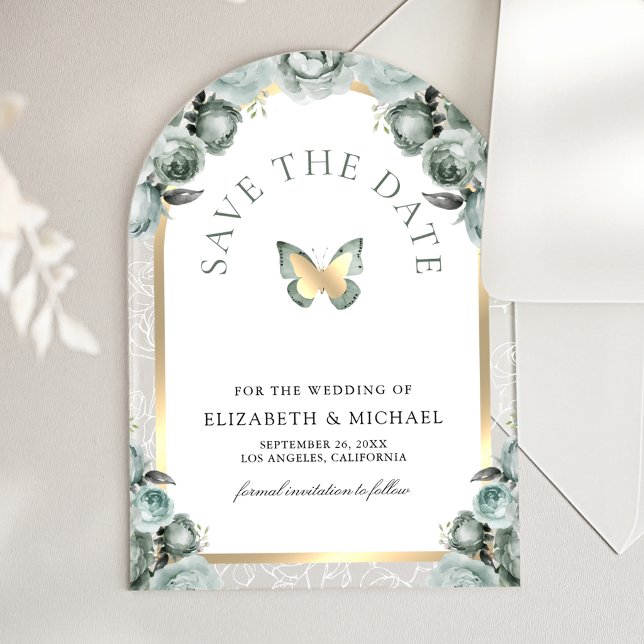 Sage Green Arch Butterfly Wedding Save the Date (Creator Uploaded)