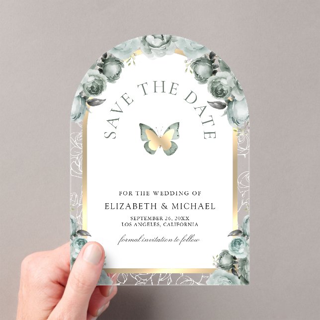 Sage Green Arch Butterfly Wedding Save the Date (Insitu (Handheld))