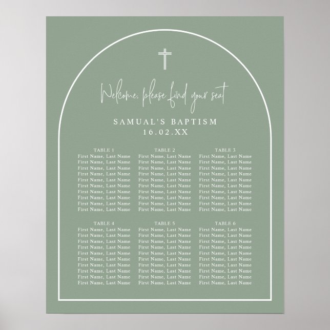 Sage Green Arch Minimalist Baptism Seating Chart (Front)