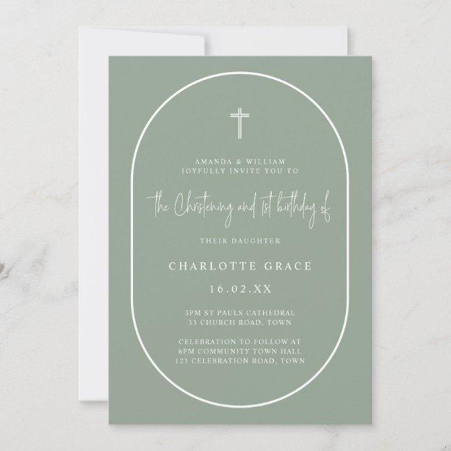 Sage Green Arch Modern Joint Christening Birthday Invitation (Front)