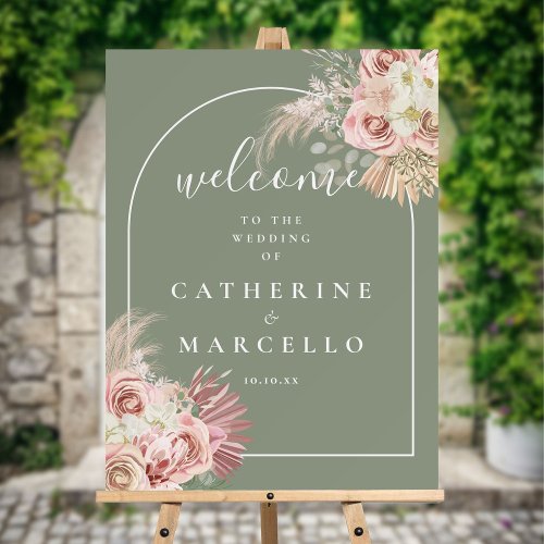 Sage Green Arch Pampas Grass Wedding Welcome Sign