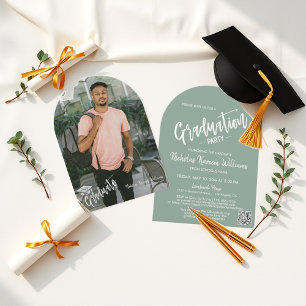 Sage Green Arch Photo Graduation Party QR Code Invitation