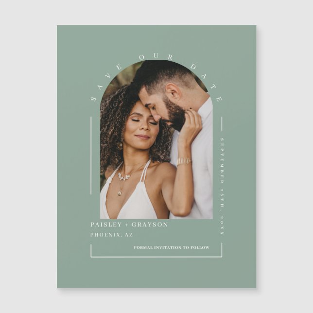 Sage Green Arch Photo Save Our Date Magnetic Card (Front)