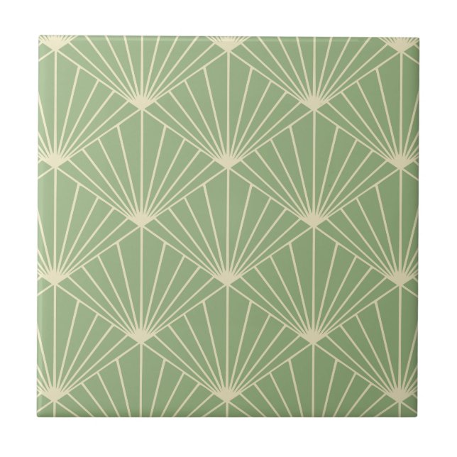 Sage Green Art Deco Fan Pattern Ceramic Tile (Front)