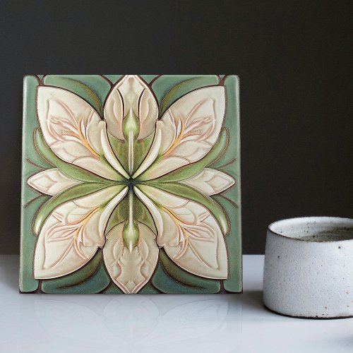 Sage Green Art Deco Floral Wall Decor Art Nouveau Ceramic Tile