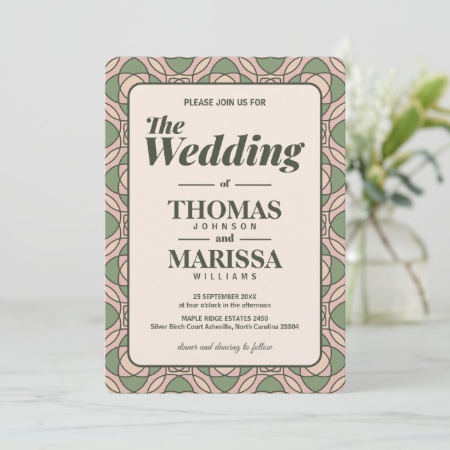 Sage Green Art Deco Wedding Invitation QR Code (Standing Front)