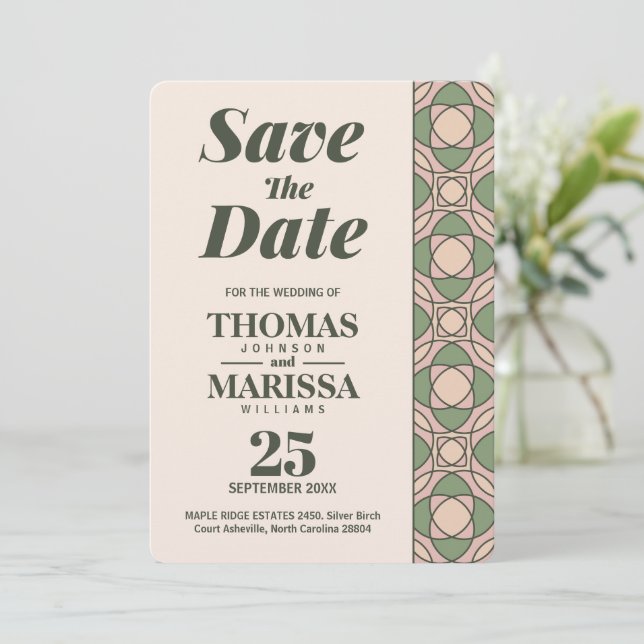 Sage Green Art Deco Wedding Save the Date Card (Standing Front)