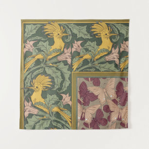 Sage Green Art Nouveau Hoopoe Butterfly Art Tapestry