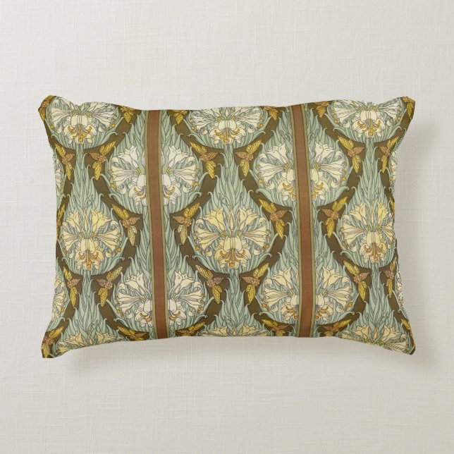 Sage Green Art Nouveau Lily Insect Pattern Accent Pillow (Front)