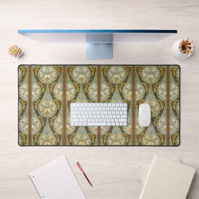 Sage Green Art Nouveau Lily Insect Pattern Desk Mat (Office 1)