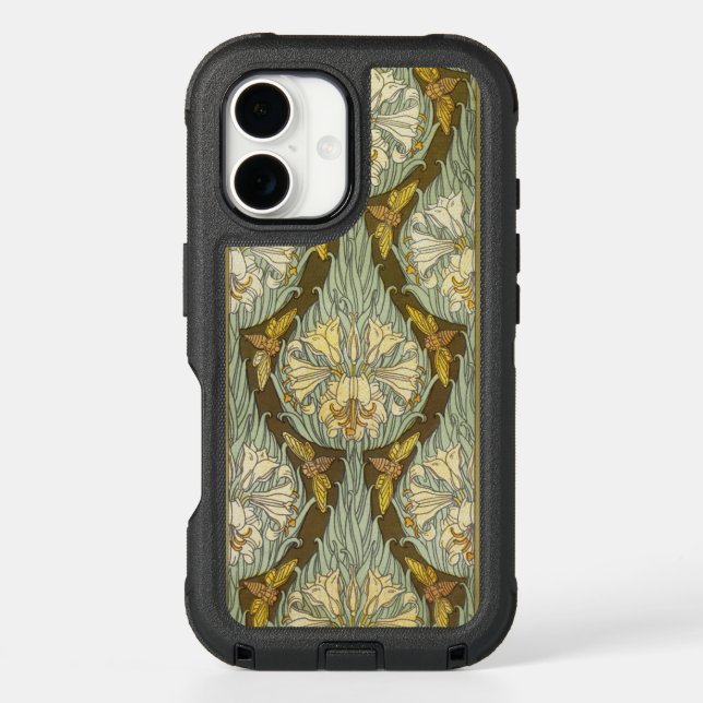 Sage Green Art Nouveau Lily Insect Pattern Otterbox iPhone Case (Back)