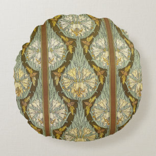 Sage Green Art Nouveau Lily Insect Pattern Round Pillow
