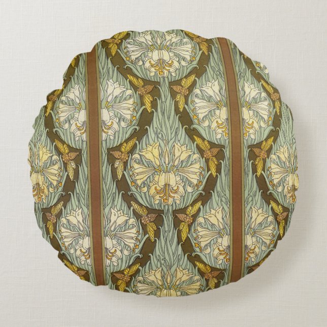 Sage Green Art Nouveau Lily Insect Pattern Round Pillow (Front)