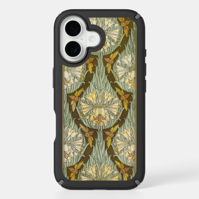 Sage Green Art Nouveau Lily Insect Pattern Speck iPhone Case (Front)