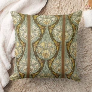 Sage Green Art Nouveau Lily Insect Pattern Throw Pillow