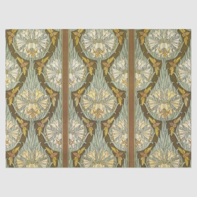 Sage Green Art Nouveau Lily Insect Pattern Tissue Paper (Front)