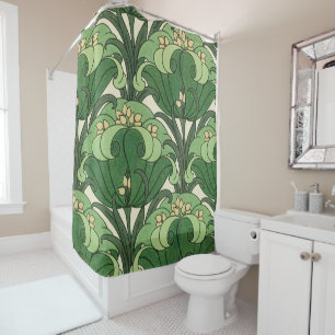 Sage Green Art Nouveau Lotus Floral Pattern Shower Curtain