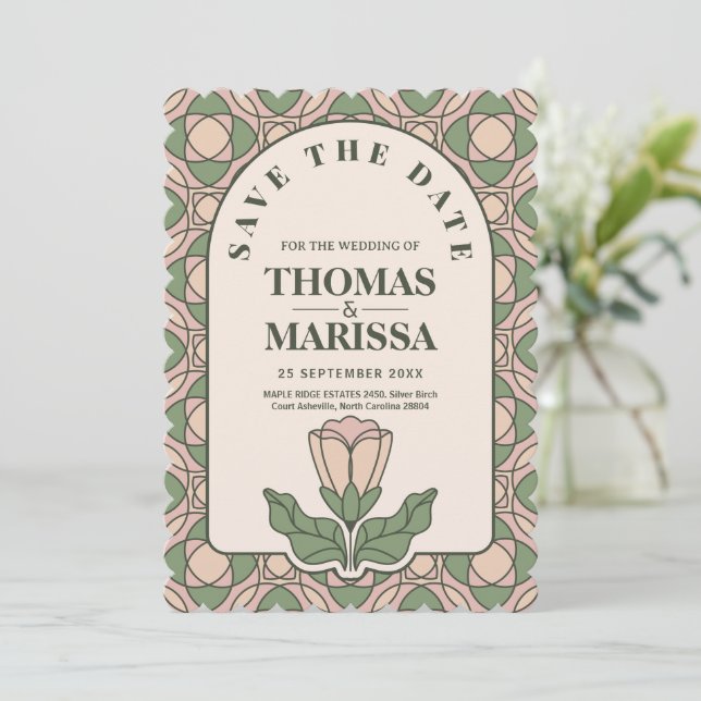Sage Green Art Nouveau QR Code Save the Date (Standing Front)