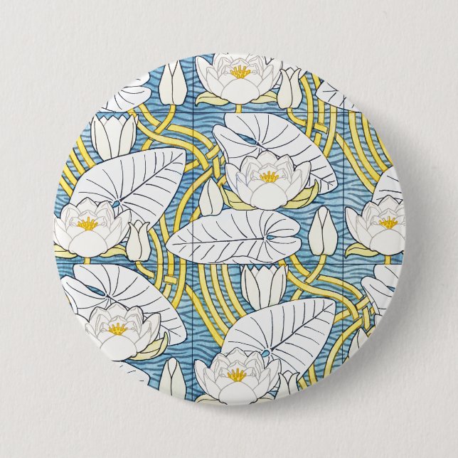 Sage Green Art Nouveau Water Lily Pattern Button (Front)