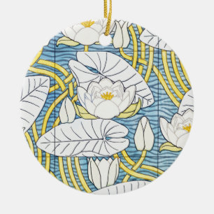 Sage Green Art Nouveau Water Lily Pattern Ceramic Ornament