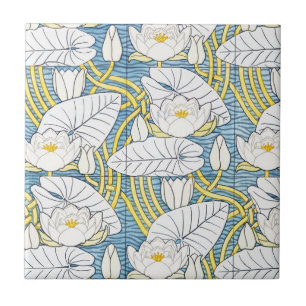 Sage Green Art Nouveau Water Lily Pattern Ceramic Tile