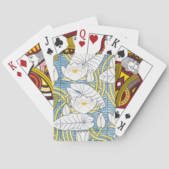 Sage Green Art Nouveau Water Lily Pattern Poker Cards (Back)