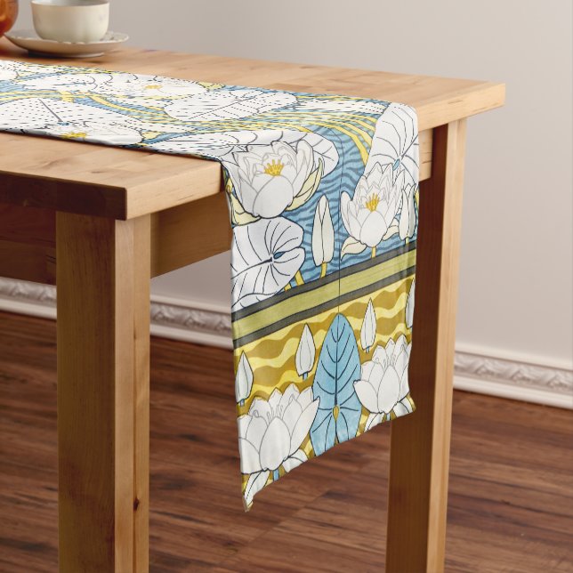 Sage Green Art Nouveau Water Lily Pattern Short Table Runner (In Situ)