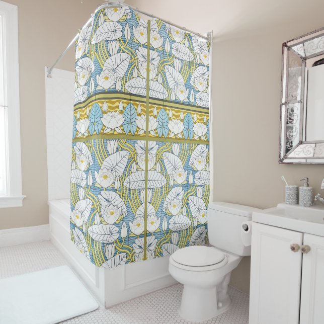 Sage Green Art Nouveau Water Lily Pattern Shower Curtain (In Situ)