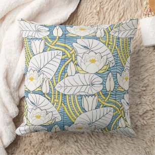Sage Green Art Nouveau Water Lily Pattern Throw Pillow