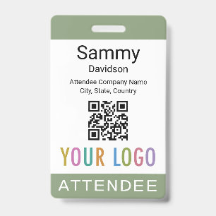 Sage Green Attendee Badge QR Code Business Logo