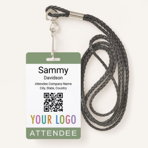 Sage Green Attendee Badge QR Code Business Logo