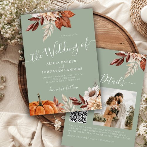Sage green autumn fall QR code botanical wedding Invitation