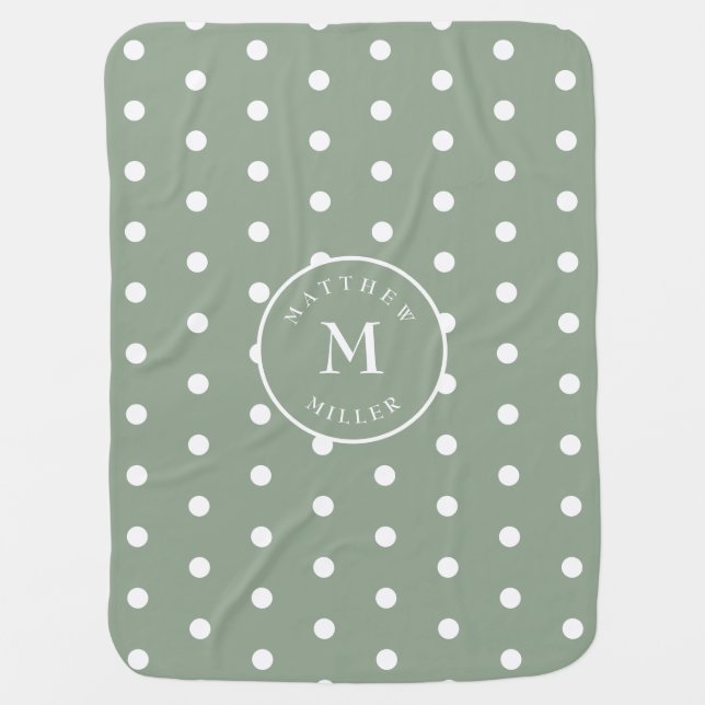 Sage Green Baby Blanket Dots, Name, Initial (Front)