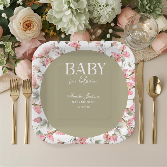 Sage Green Baby Bloom Baby Shower Invitation Paper Plates (Creator Uploaded)