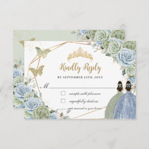 Sage Green Baby Blue Floral Twins Gold Quinceañera RSVP Card