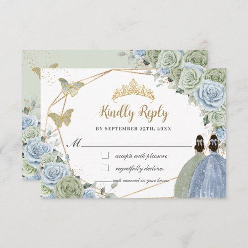 Sage Green Baby Blue Floral Twins Gold Quinceaera RSVP Card