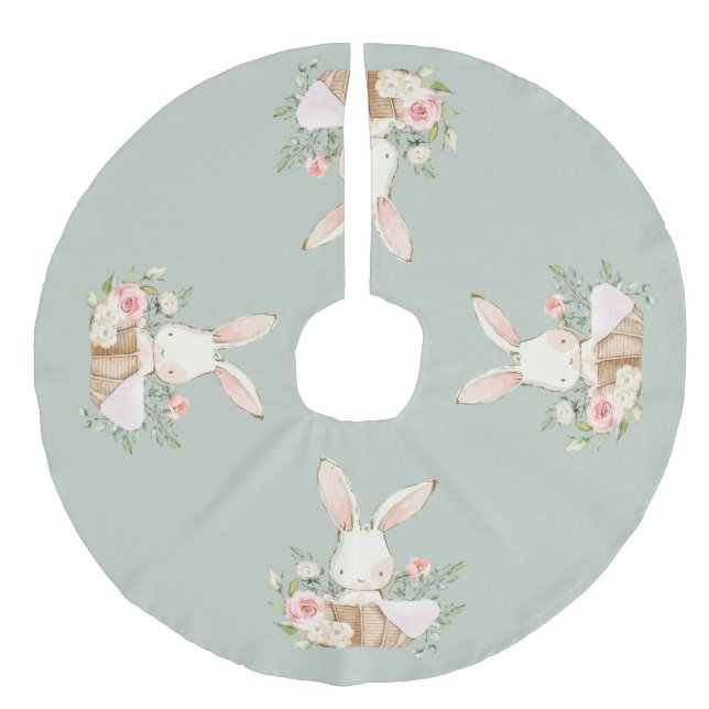 Sage Green Baby Bunny Rabbit Elegant Cute Faux Linen Tree Skirt (Front)