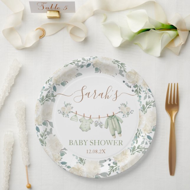 Sage Green Baby Clothes Baby Shower Paper Plates (Wedding)