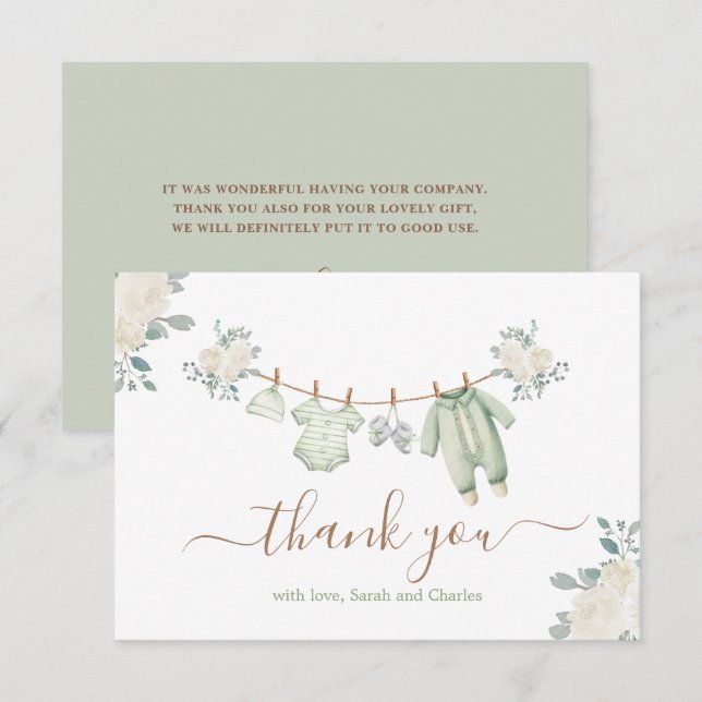 Sage Green Baby Clothes Baby Shower Thank You Card (Front/Back)