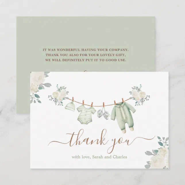 Sage Green Baby Clothes Baby Shower Thank You Card | Zazzle