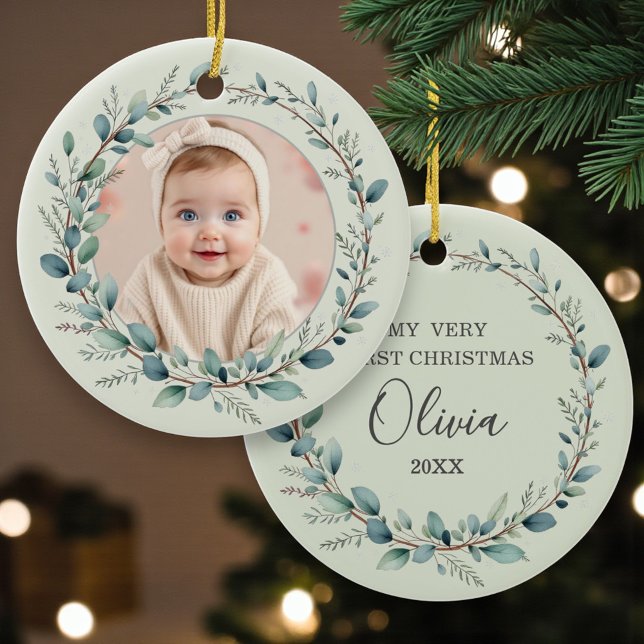 Sage Green Baby First Christmas Photo Ceramic Ornament (Creator Uploaded)