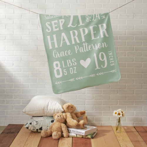 Sage Green Baby Girl Birth Stats  Editable Colors Baby Blanket